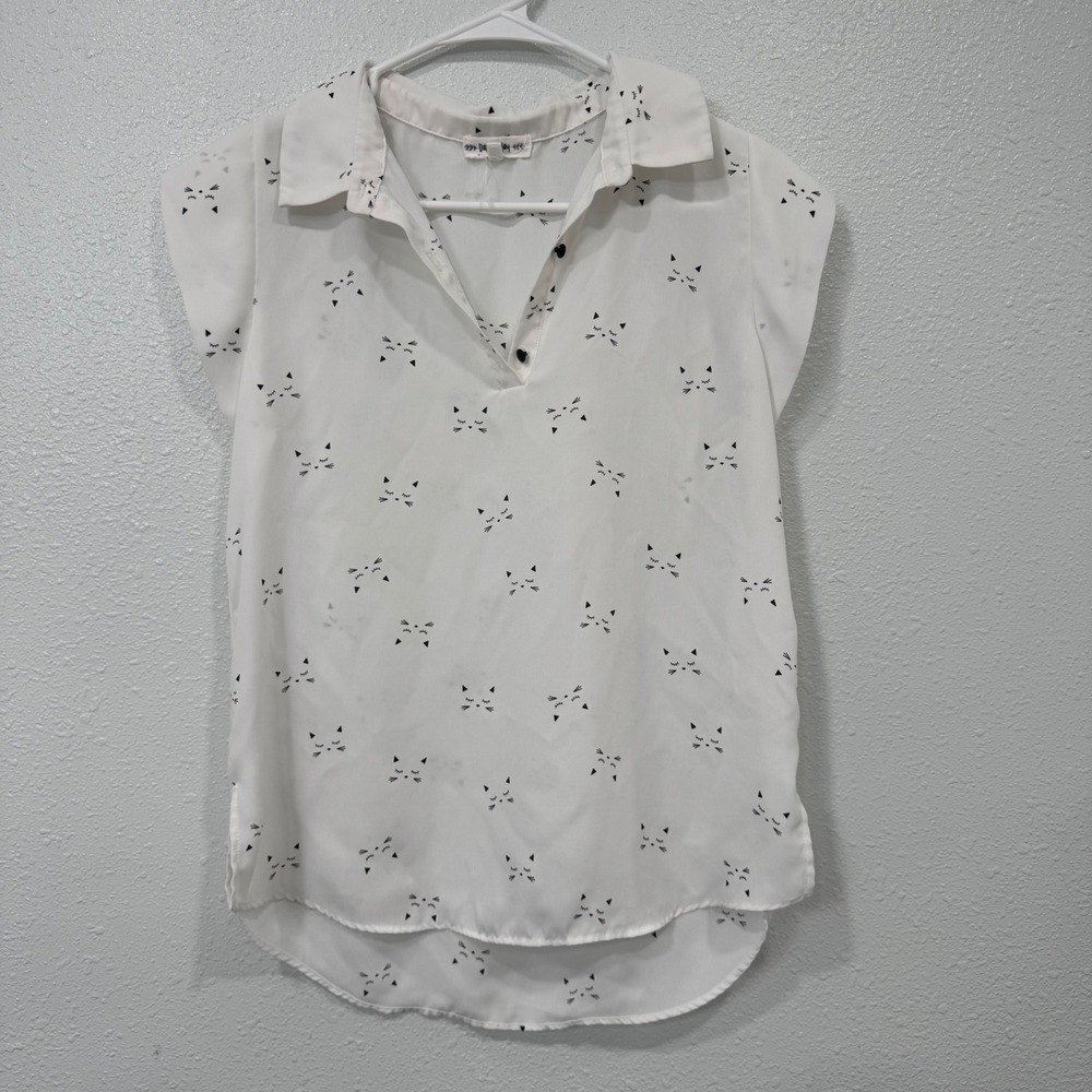 Daisy May Women White Cat Print Cap Sleeve Blouse Split Neck Top Small QC111
